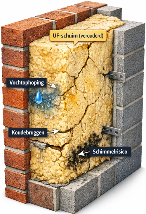 Een spouwmuur met het giftige uf schuim
