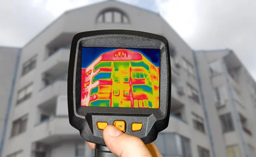 Thermoscan van een woning om het warmte verlies zichtbaar te maken